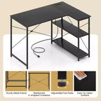 Bureau d'angle en L avec prises de courant, étagère réglable, cadre métallique robuste, marron/blanc/noir