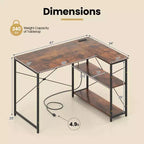 Bureau d'angle en L avec prises de courant, étagère réglable, cadre métallique robuste, marron/blanc/noir
