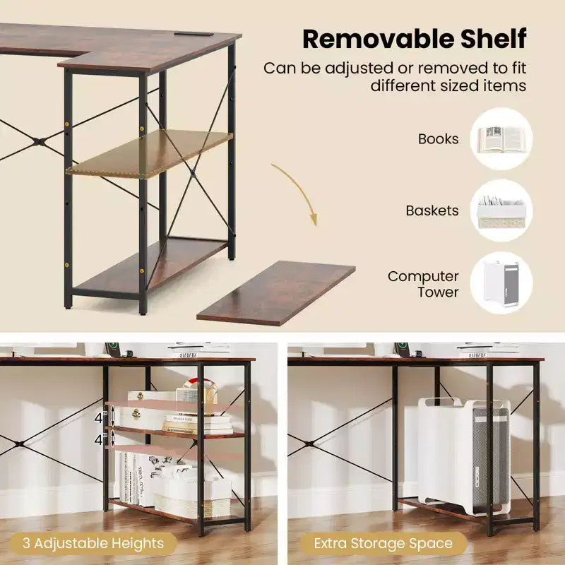 Bureau d'angle en L avec prises de courant, étagère réglable, cadre métallique robuste, marron/blanc/noir