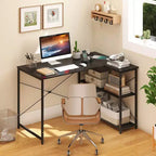 Bureau d'angle en L avec prises de courant, étagère réglable, cadre métallique robuste, marron/blanc/noir
