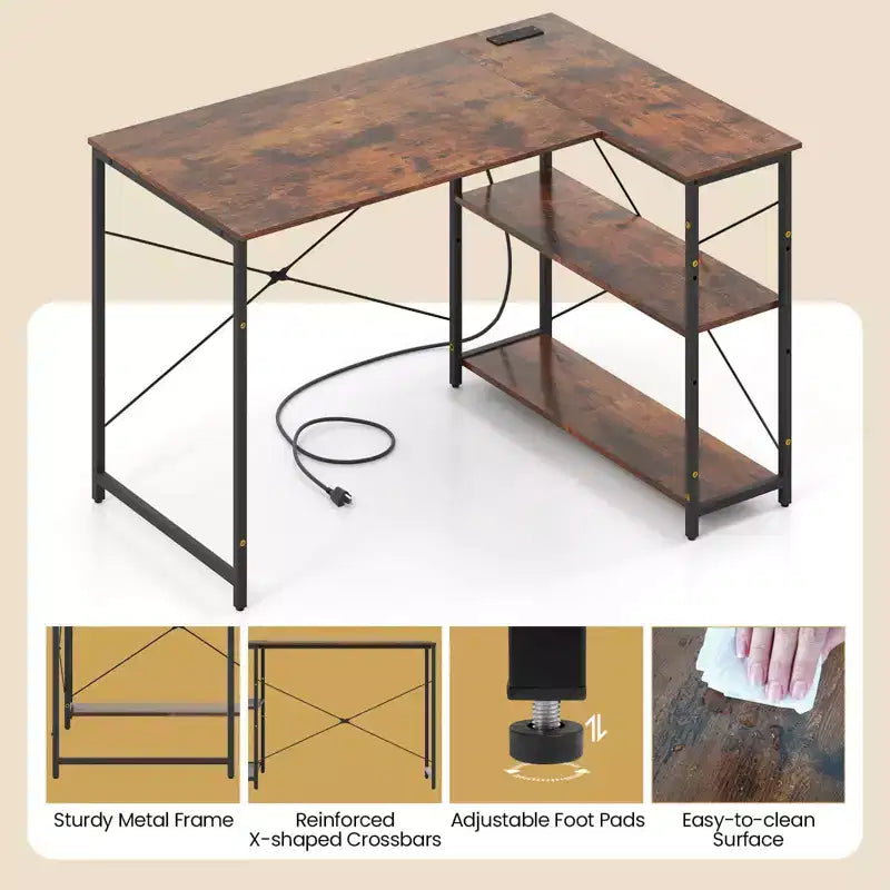 Bureau d'angle en L avec prises de courant, étagère réglable, cadre métallique robuste, marron/blanc/noir
