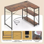 Bureau d'angle en L avec prises de courant, étagère réglable, cadre métallique robuste, marron/blanc/noir