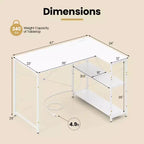 Bureau d'angle en L avec prises de courant, étagère réglable, cadre métallique robuste, marron/blanc/noir