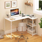 Bureau d'angle en L avec prises de courant, étagère réglable, cadre métallique robuste, marron/blanc/noir