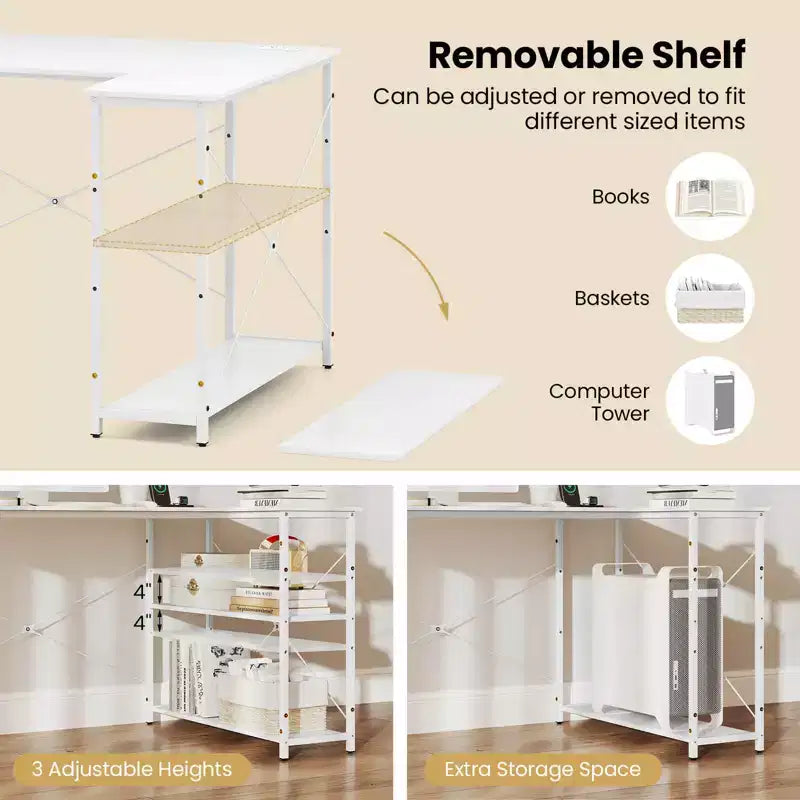 Bureau d'angle en L avec prises de courant, étagère réglable, cadre métallique robuste, marron/blanc/noir