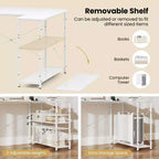 Bureau d'angle en L avec prises de courant, étagère réglable, cadre métallique robuste, marron/blanc/noir