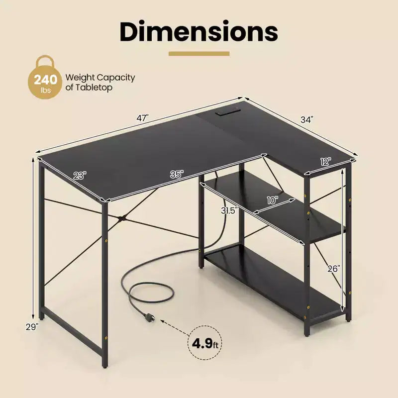 Bureau d'angle en L avec prises de courant, étagère réglable, cadre métallique robuste, marron/blanc/noir