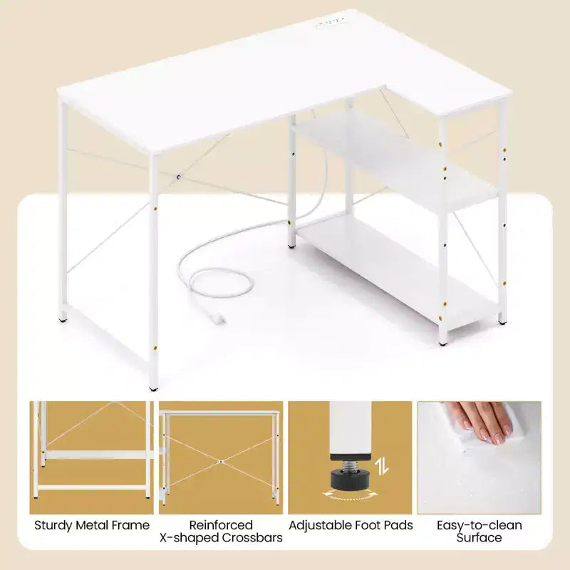 Bureau d'angle en L avec prises de courant, étagère réglable, cadre métallique robuste, marron/blanc/noir