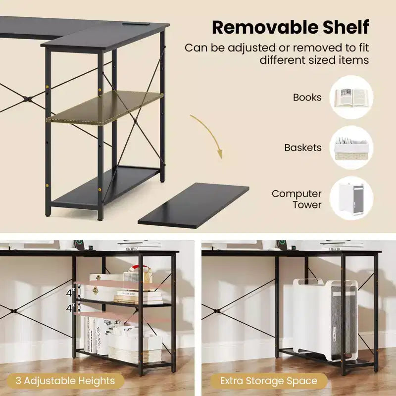 Bureau d'angle en L avec prises de courant, étagère réglable, cadre métallique robuste, marron/blanc/noir