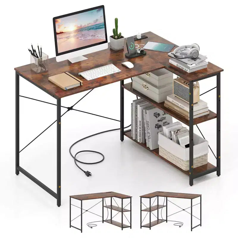 Bureau d'angle en L avec prises de courant, étagère réglable, cadre métallique robuste, marron/blanc/noir
