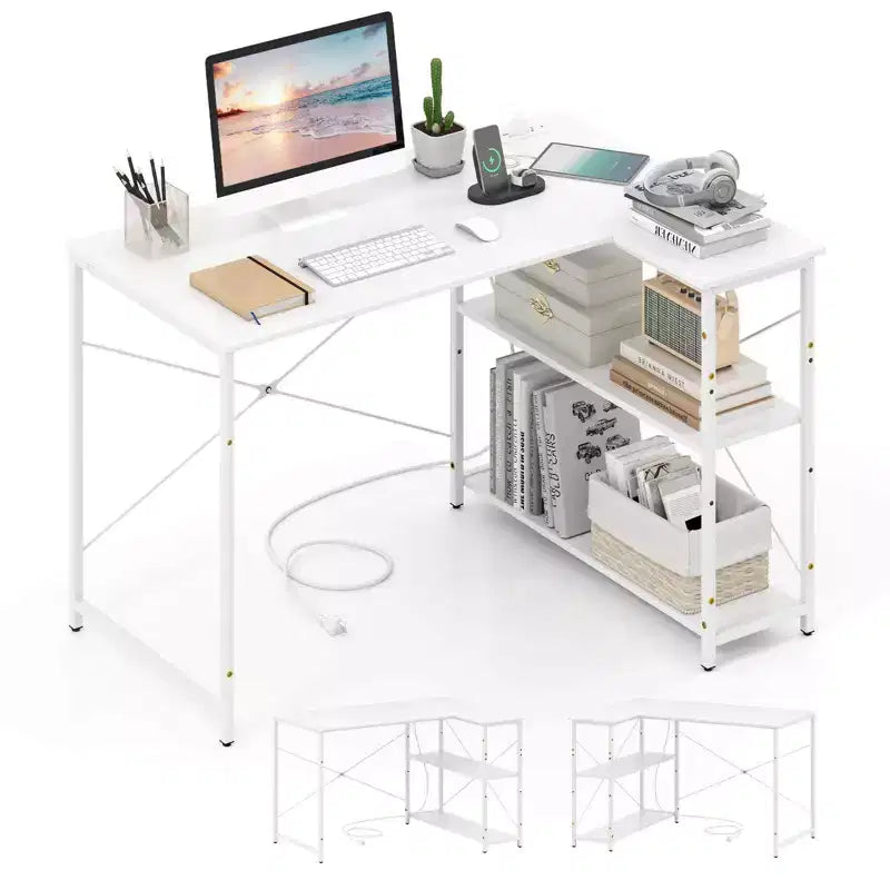 Bureau d'angle en L avec prises de courant, étagère réglable, cadre métallique robuste, marron/blanc/noir