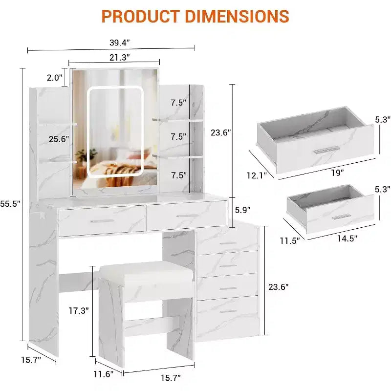 Coiffeuse avec miroir LED, ports de charge, 6 tiroirs, étagères, support pour sèche-cheveux et tabouret, éclairage réglable, blanc