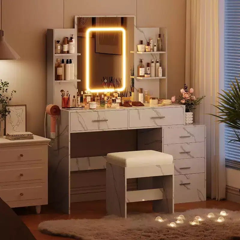 Coiffeuse avec miroir LED, ports de charge, 6 tiroirs, étagères, support pour sèche-cheveux et tabouret, éclairage réglable, blanc