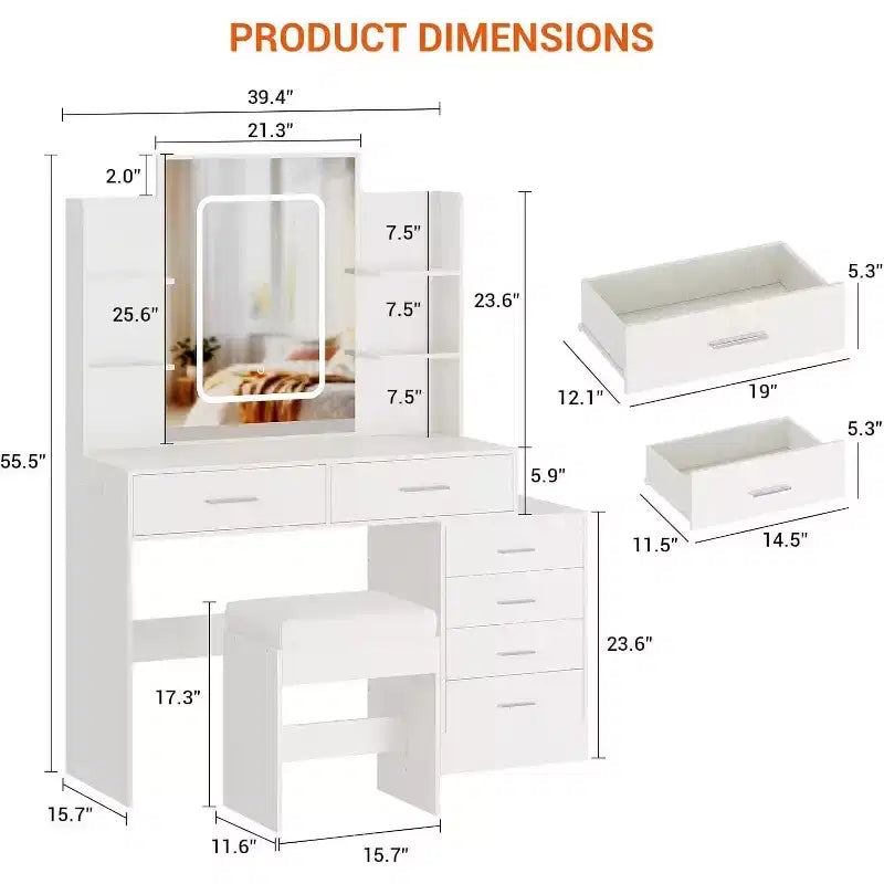 Coiffeuse avec miroir LED, ports de charge, 6 tiroirs, étagères, support pour sèche-cheveux et tabouret, éclairage réglable, blanc