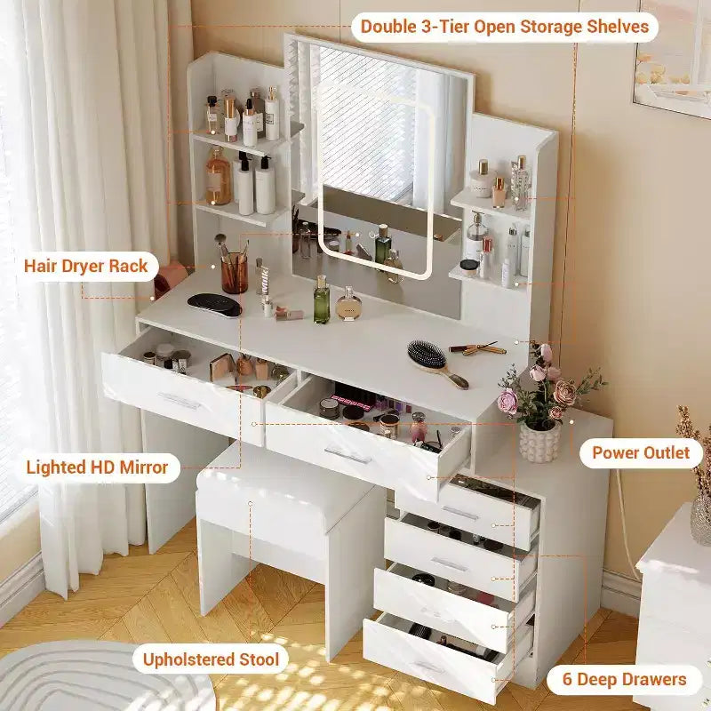 Coiffeuse avec miroir LED, ports de charge, 6 tiroirs, étagères, support pour sèche-cheveux et tabouret, éclairage réglable, blanc