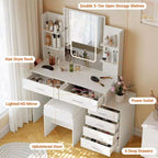 Coiffeuse avec miroir LED, ports de charge, 6 tiroirs, étagères, support pour sèche-cheveux et tabouret, éclairage réglable, blanc