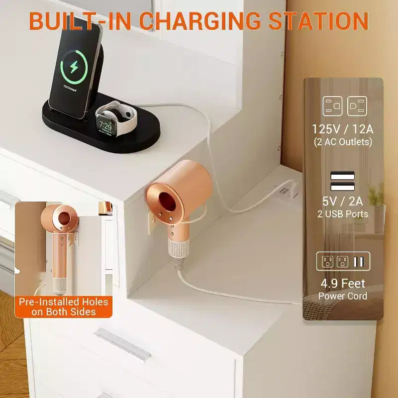Coiffeuse avec miroir LED, ports de charge, 6 tiroirs, étagères, support pour sèche-cheveux et tabouret, éclairage réglable, blanc