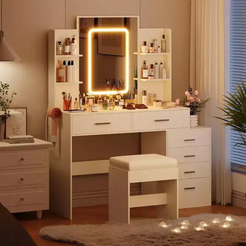 Coiffeuse avec miroir LED, ports de charge, 6 tiroirs, étagères, support pour sèche-cheveux et tabouret, éclairage réglable, blanc