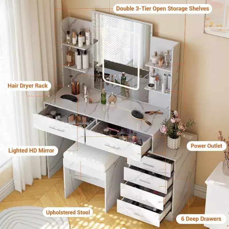 Coiffeuse avec miroir LED, ports de charge, 6 tiroirs, étagères, support pour sèche-cheveux et tabouret, éclairage réglable, blanc