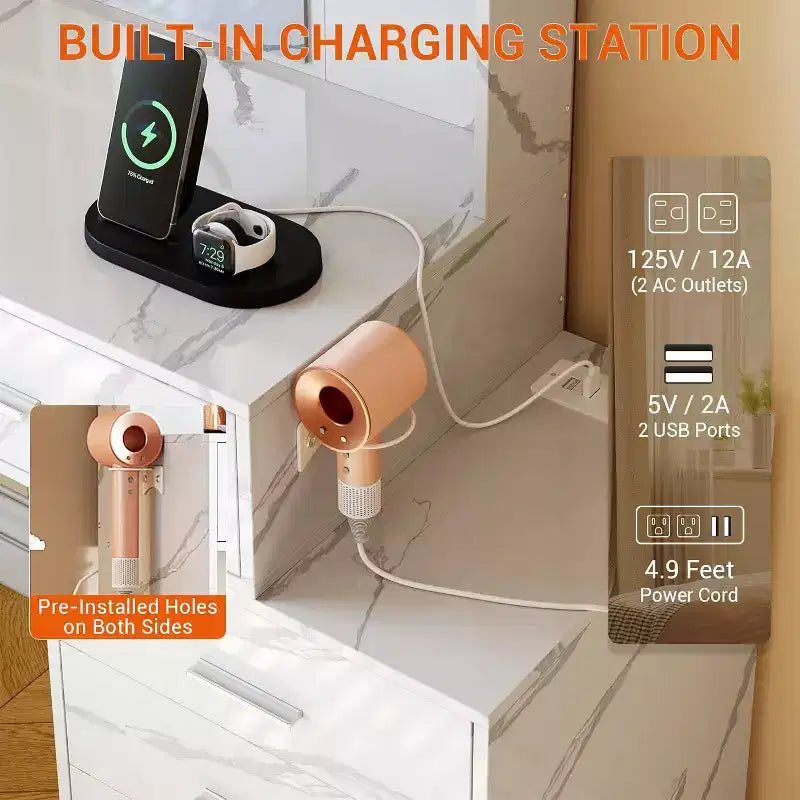 Coiffeuse avec miroir LED, ports de charge, 6 tiroirs, étagères, support pour sèche-cheveux et tabouret, éclairage réglable, blanc