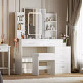 Acekool Vanity Desk Set with LED Mirror, Charging Ports, 6 Drawers, Shelves, Hairdryer Holder & Stool, Adjustable Lighting, White