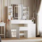 Acekool Vanity Desk Set with LED Mirror, Charging Ports, 6 Drawers, Shelves, Hairdryer Holder & Stool, Adjustable Lighting, White