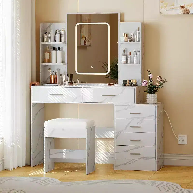 Coiffeuse avec miroir LED, ports de charge, 6 tiroirs, étagères, support pour sèche-cheveux et tabouret, éclairage réglable, blanc