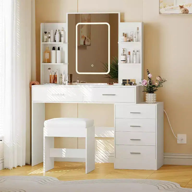Coiffeuse avec miroir LED, ports de charge, 6 tiroirs, étagères, support pour sèche-cheveux et tabouret, éclairage réglable, blanc