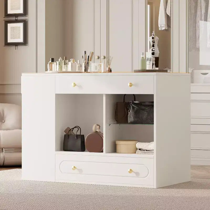 Îlot de dressing avec 6 tiroirs, commode avec plateau en verre et étagères ouvertes, meuble de rangement à bijoux