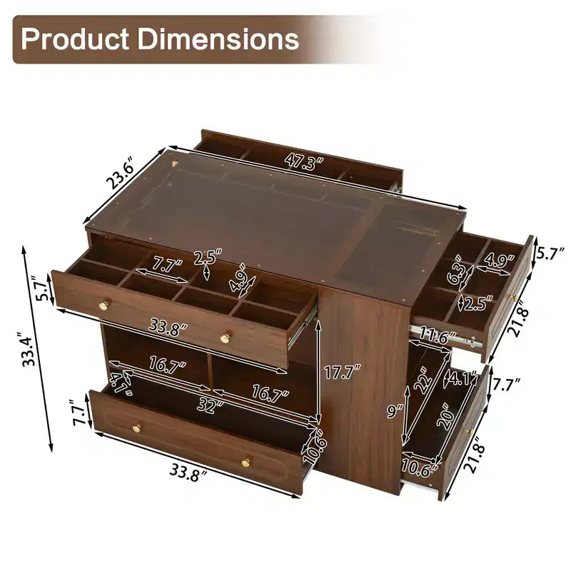 Îlot de dressing avec 6 tiroirs, commode avec plateau en verre et étagères ouvertes, meuble de rangement à bijoux