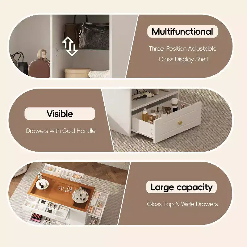 Îlot de dressing avec 6 tiroirs, commode avec plateau en verre et étagères ouvertes, meuble de rangement à bijoux
