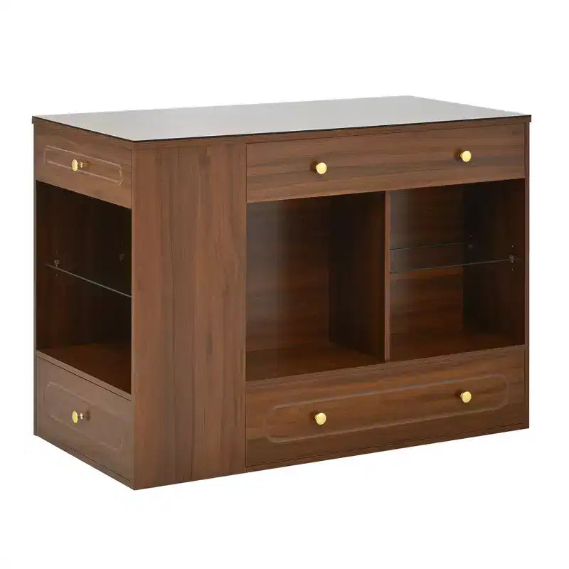 Îlot de dressing avec 6 tiroirs, commode avec plateau en verre et étagères ouvertes, meuble de rangement à bijoux