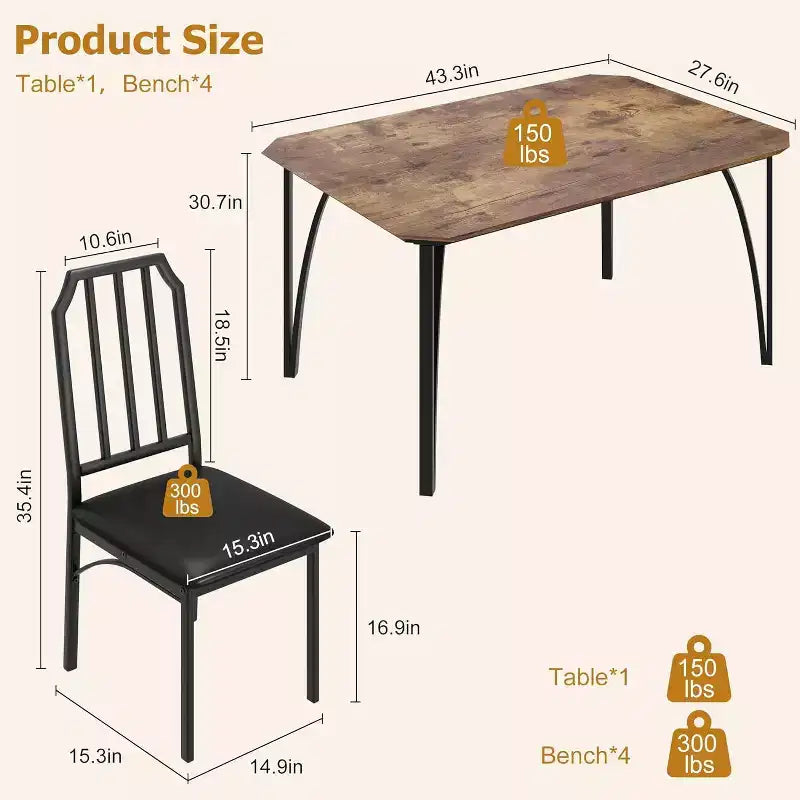 Ensemble table à manger et 4 chaises - Table de cuisine compacte 5 pièces avec design chanfreiné, marron rustique