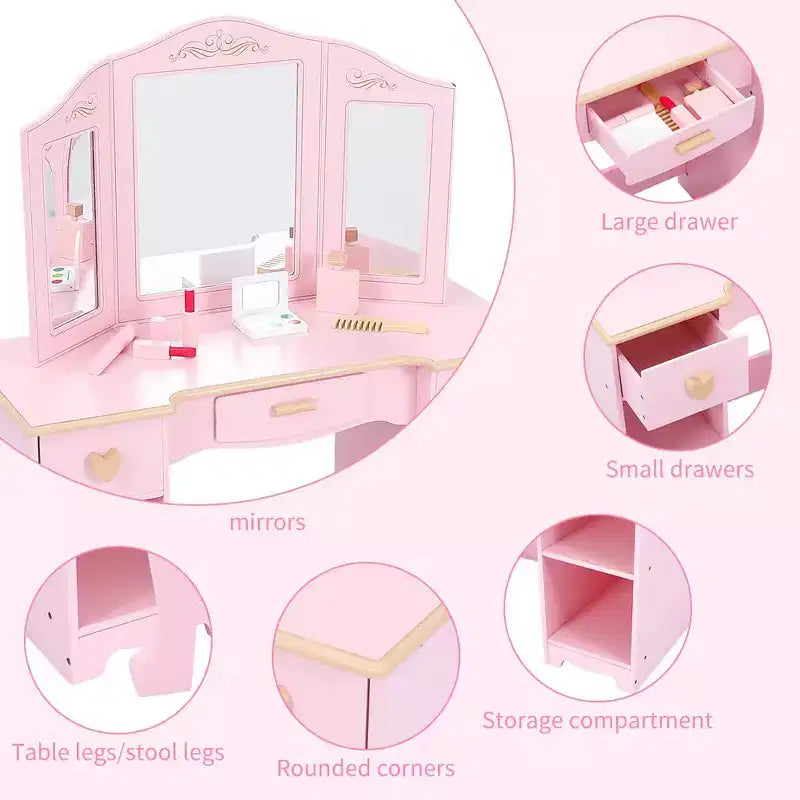 Table et chaise de coiffeuse pour filles, table de maquillage pour enfants avec jouet de maquillage en bois, coiffeuse pour enfants avec miroir et tiroir
