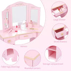Table et chaise de coiffeuse pour filles, table de maquillage pour enfants avec jouet de maquillage en bois, coiffeuse pour enfants avec miroir et tiroir