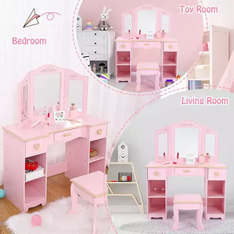 Table et chaise de coiffeuse pour filles, table de maquillage pour enfants avec jouet de maquillage en bois, coiffeuse pour enfants avec miroir et tiroir