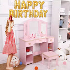 Table et chaise de coiffeuse pour filles, table de maquillage pour enfants avec jouet de maquillage en bois, coiffeuse pour enfants avec miroir et tiroir