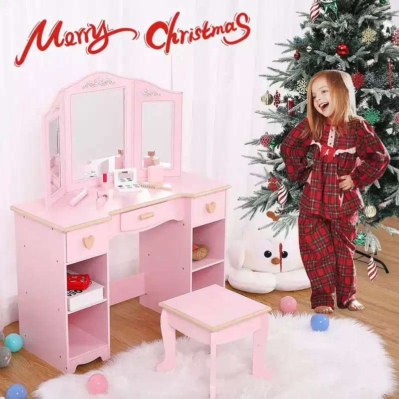 Table et chaise de coiffeuse pour filles, table de maquillage pour enfants avec jouet de maquillage en bois, coiffeuse pour enfants avec miroir et tiroir