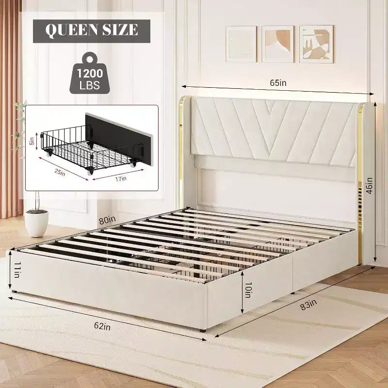 Lit Queen Size avec lumières LED et tiroirs de rangement