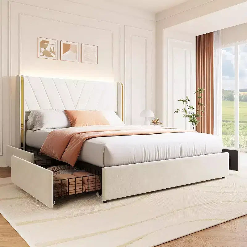 Lit Queen Size avec lumières LED et tiroirs de rangement