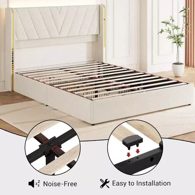 Lit Queen Size avec lumières LED et tiroirs de rangement