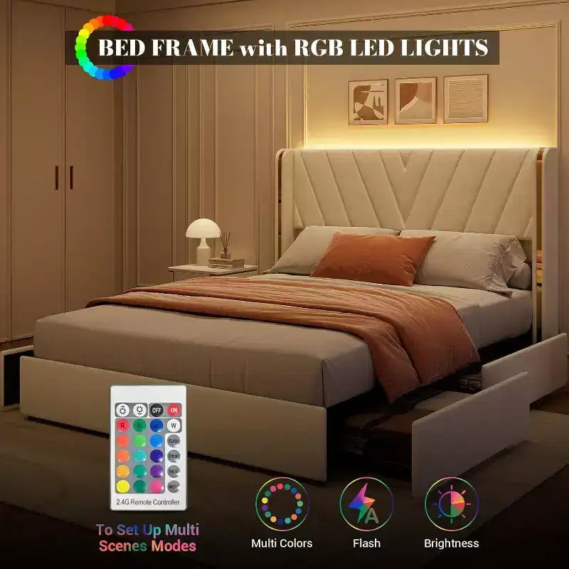 Lit Queen Size avec lumières LED et tiroirs de rangement