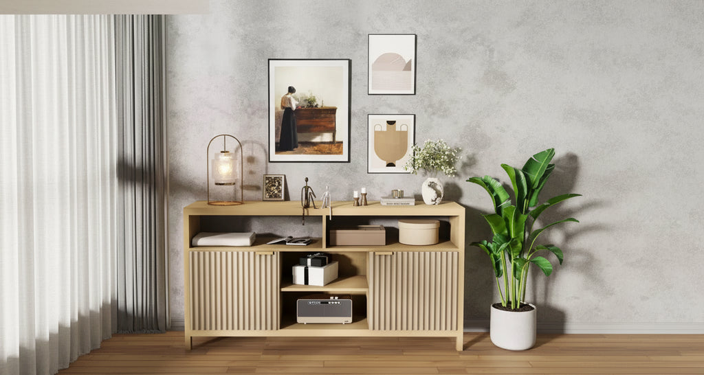 Meuble TV haut texturé de 150 cm pour salon, meuble TV robuste avec rangement, meuble TV de style mid-century pour téléviseurs de 50/55/60/65 pouces