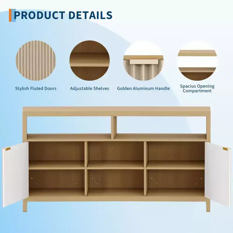 Meuble TV haut texturé de 150 cm pour salon, meuble TV robuste avec rangement, meuble TV de style mid-century pour téléviseurs de 50/55/60/65 pouces