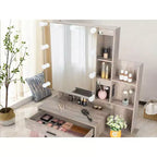 Ensemble coiffeuse avec miroir, éclairage dimmable tricolore et prise, en aggloméré gris avec placage trimine, pieds en fer, 2 tiroirs, 1 porte, 2 étagères