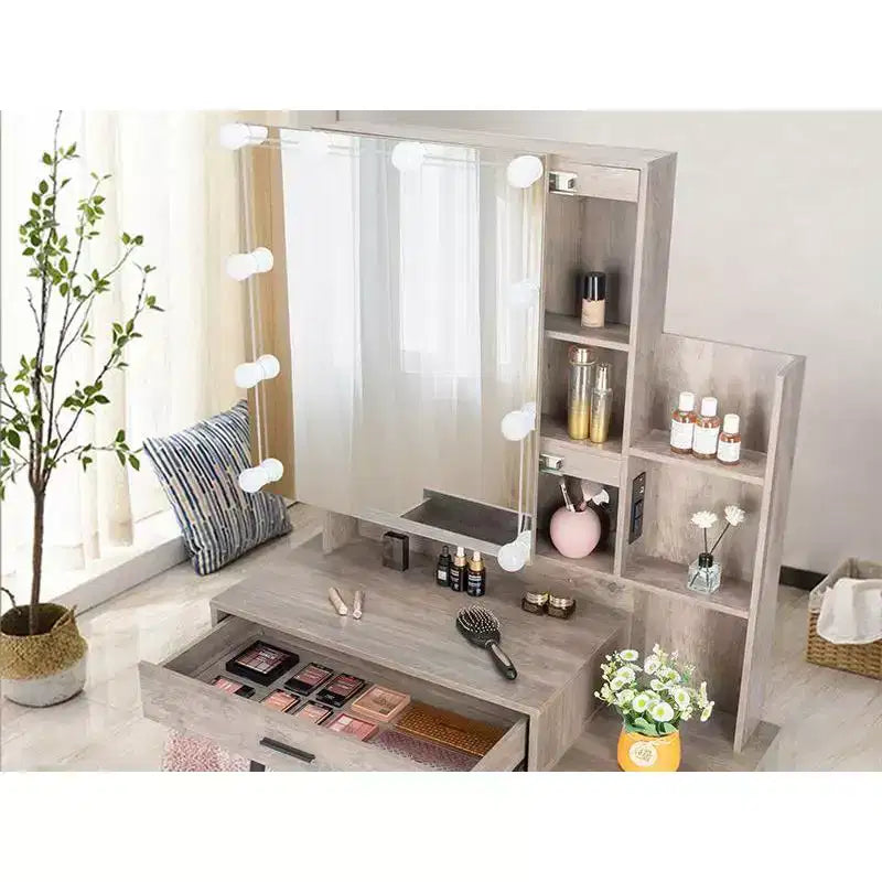 Ensemble coiffeuse avec miroir, éclairage dimmable tricolore et prise, en aggloméré gris avec placage trimine, pieds en fer, 2 tiroirs, 1 porte, 2 étagères