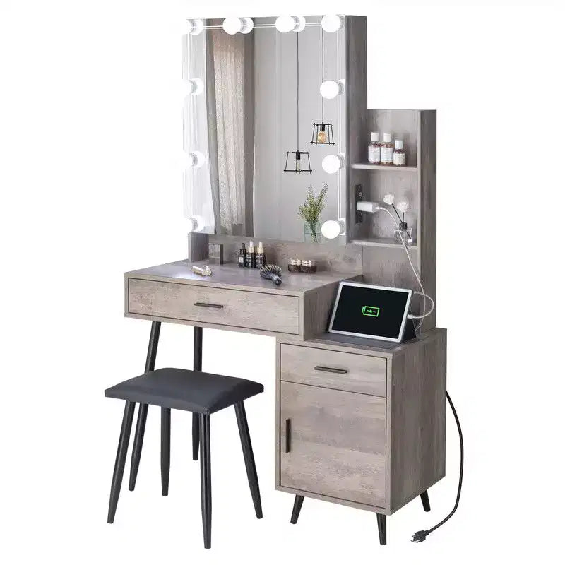 Ensemble coiffeuse avec miroir, éclairage dimmable tricolore et prise, en aggloméré gris avec placage trimine, pieds en fer, 2 tiroirs, 1 porte, 2 étagères