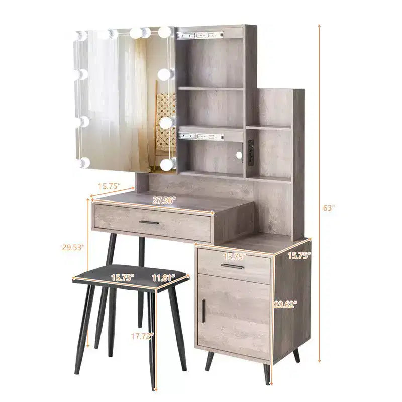Ensemble coiffeuse avec miroir, éclairage dimmable tricolore et prise, en aggloméré gris avec placage trimine, pieds en fer, 2 tiroirs, 1 porte, 2 étagères