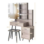 Ensemble coiffeuse avec miroir, éclairage dimmable tricolore et prise, en aggloméré gris avec placage trimine, pieds en fer, 2 tiroirs, 1 porte, 2 étagères