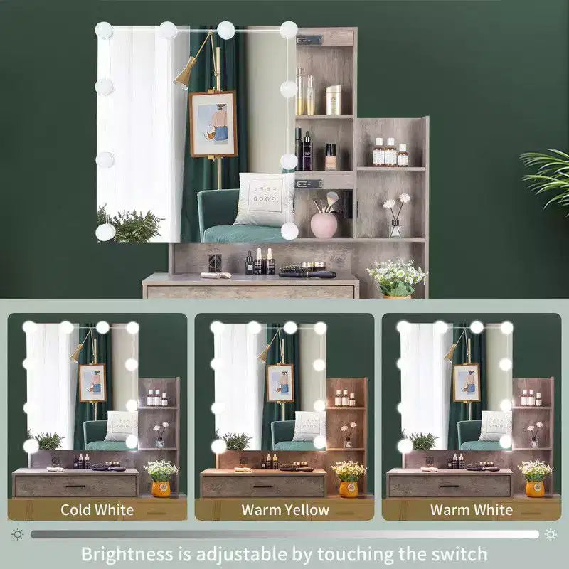 Ensemble coiffeuse avec miroir, éclairage dimmable tricolore et prise, en aggloméré gris avec placage trimine, pieds en fer, 2 tiroirs, 1 porte, 2 étagères